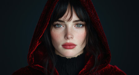 Portrait of a woman with freckles wearing a red hood.の素材