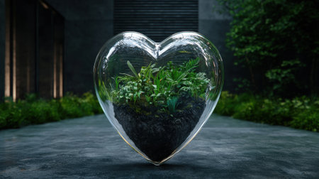 Heart-shaped glass terrarium with plants on a concrete surface.の素材