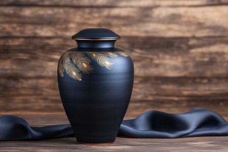Elegant blue urn with gold accents on a wooden surface.の素材