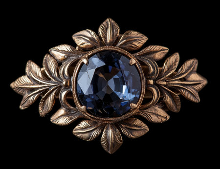Antique brooch with a large blue gemstone and gold leaf design.の素材
