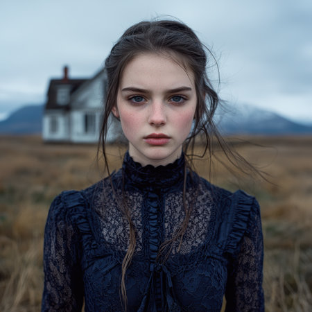 A young woman in a lace dress stands in a field near a house.の素材