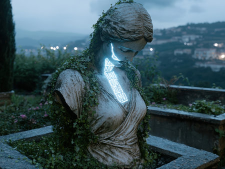 Overgrown statue with glowing inscription in a garden at dusk.の素材