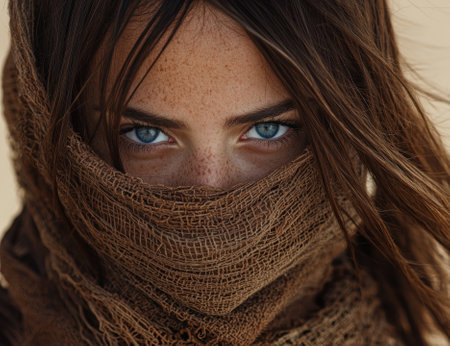 A woman with striking blue eyes and freckles wearing a brown scarf.の素材