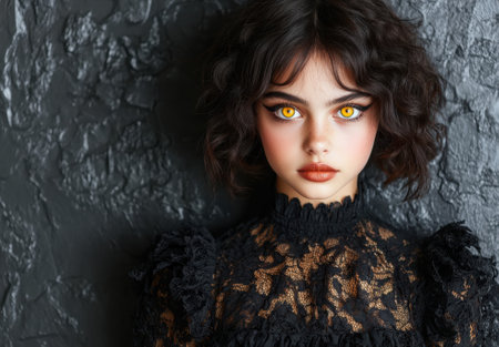 Portrait of a girl with golden eyes wearing a lace dress.の素材