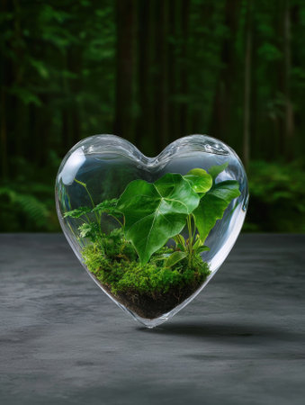 Heart-shaped terrarium with green plants on a gray surface.の素材