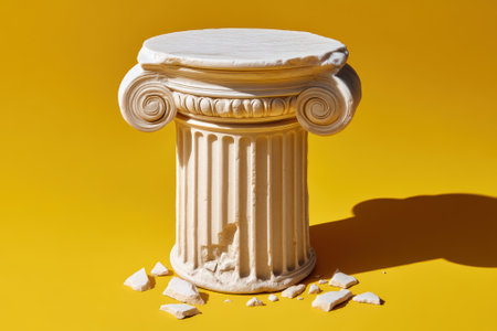 A crumbling ionic column on a yellow background.の素材