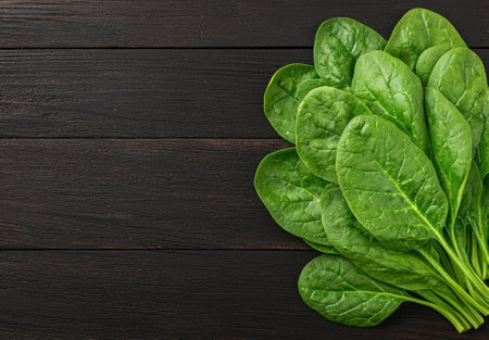 Fresh spinach leaves on a dark wooden surface.の素材