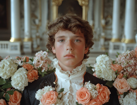 A young person in period clothing surrounded by flowers.の素材