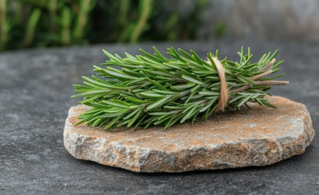 Fresh rosemary tied with twine on a stone surface.の素材
