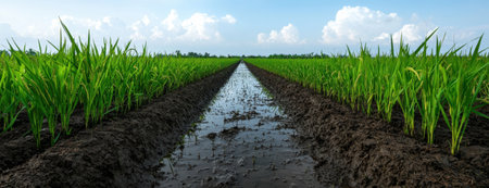 Lush green rice paddy field with waterの素材