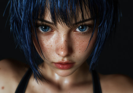 Close-up portrait of a woman with blue hair and freckles.の素材