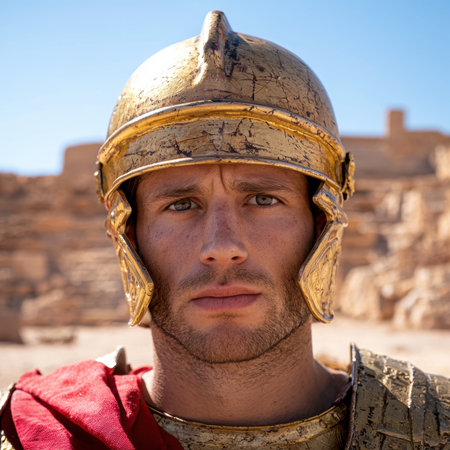 A man in a golden Roman soldier's helmet looking at the camera.の素材