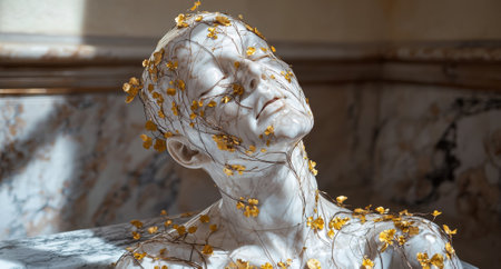 Marble bust with golden flowers and vines.の素材