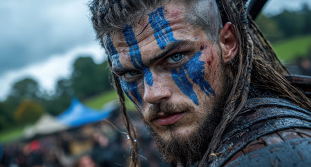 Intense viking warrior with blue war paint stares fiercely into the distance.の素材
