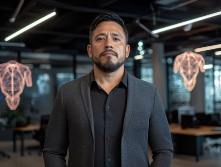 A confident businessman stands in a modern office space.の素材