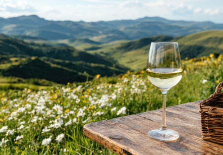 A glass of white wine sits on a wooden table overlooking a valley.の素材
