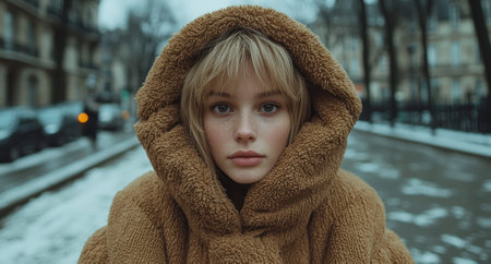 Woman in a teddy bear coat on a snowy city street.の素材