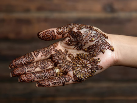 Hand with intricate henna tattoo design.の素材