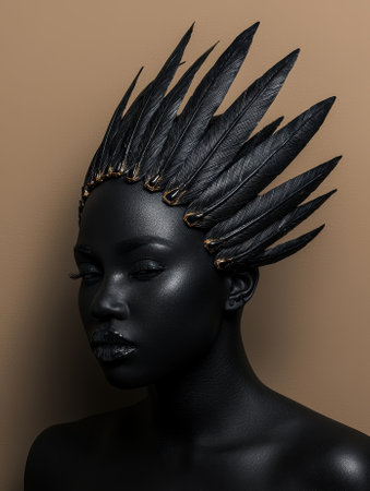 A woman with black skin and a feather headdress.の素材