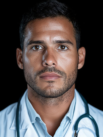 Close-up portrait of a serious doctor in a white coat.の素材