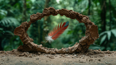 A vibrant feather is displayed in a natural frame in a forest setting.の素材