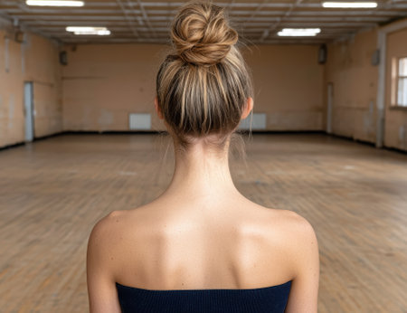 Woman with hair in a bun standing in a large room.の素材