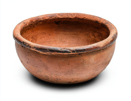 Rustic terracotta bowl on a white background.の素材