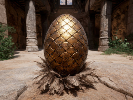 A golden dragon egg resting on a bed of feathers in an ancient stone temple.の素材