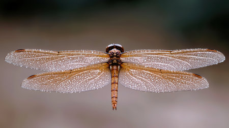 Detailed macro image of a dragonfly with water droplets on its wings.の素材