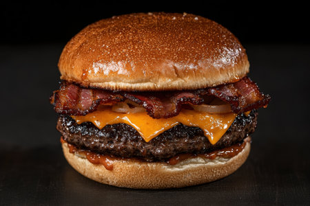 A delicious bacon cheeseburger on a dark background.の素材