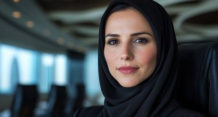 Portrait of a confident businesswoman wearing a hijab in an office setting.の素材