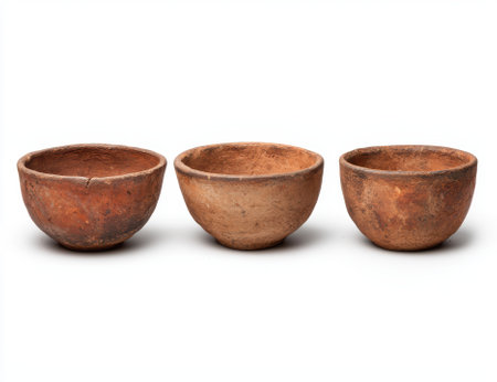Three rustic terracotta bowls on a white background.の素材
