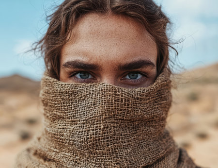 A person wearing a woven face covering in a desert landscape.の素材
