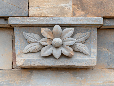 Stone carving of a flower on a wall.の素材
