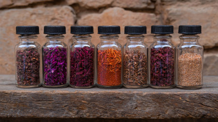 Seven glass jars filled with colorful spices on a wooden surface.の素材