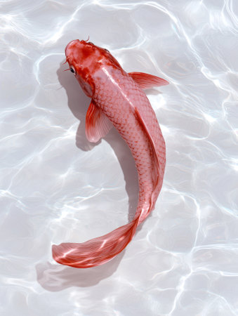 A pink koi fish swims in clear water.の素材