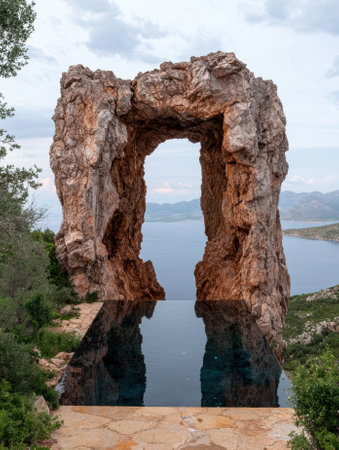 Unique rock archway with infinity pool overlooking ocean.の素材