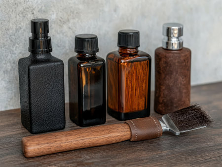 Four different bottles and a brush on a wooden surface.の素材