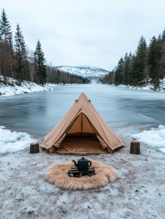 Camping tent set up on a frozen lake in winter.の素材