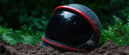 Lost astronaut helmet lies on the ground in a forest.の素材