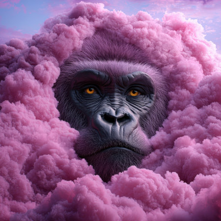 A gorilla emerges from pink clouds.の素材