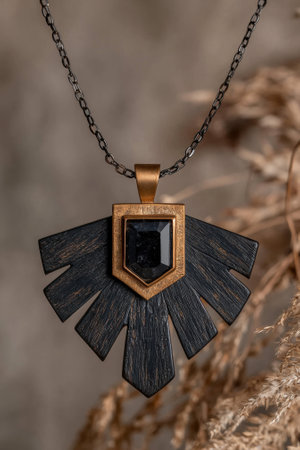 Elegant pendant necklace with black gemstone and gold accents.の素材