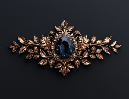 Elegant gold and gemstone jewelry design on dark background.の素材