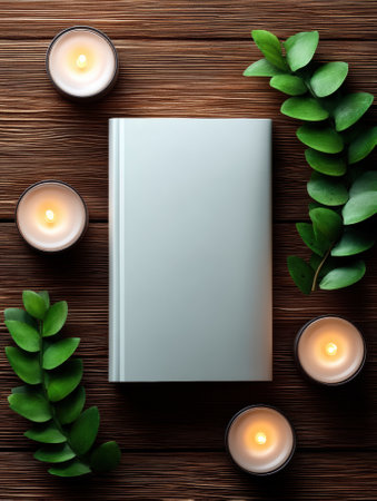 A blank book surrounded by candles and leaves on a wooden table.の素材