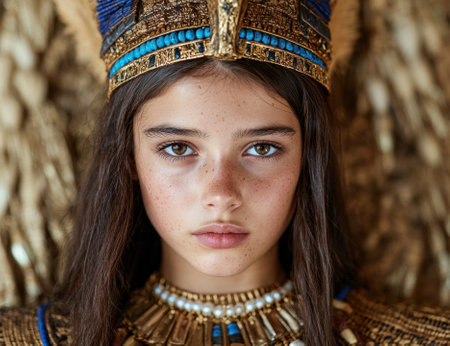 Young girl wearing an Egyptian style crown and necklace.の素材