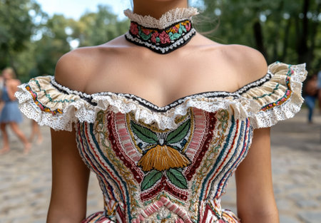 Woman wearing a colorful embroidered dress and choker necklace.の素材