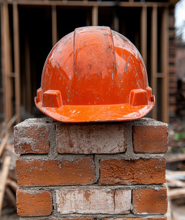 Orange hard hat on a brick column at a construction site.の素材