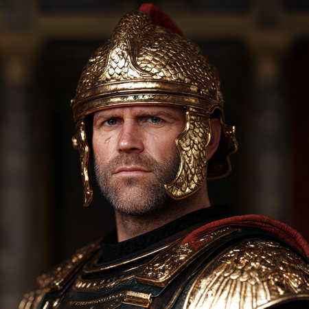 A roman soldier in golden armor looks intensely at the viewer.の素材