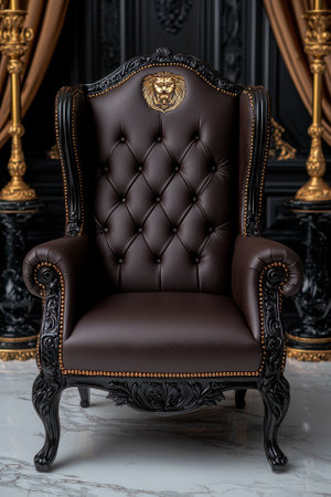 Elegant brown leather armchair with lion emblem.の素材