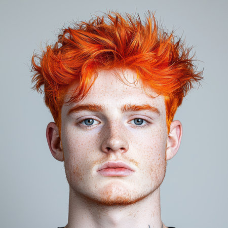 Portrait of a young man with bright orange hair and freckles.の素材